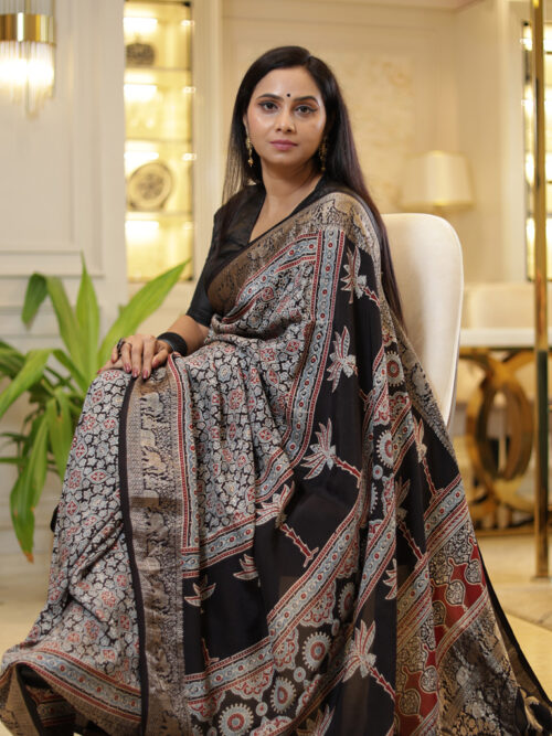Ajrakh Dola Silk Flower Printed Saree - Black