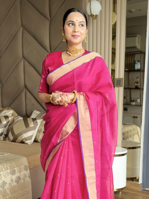 Chanderi Silk Plain Saree - Punch Pink