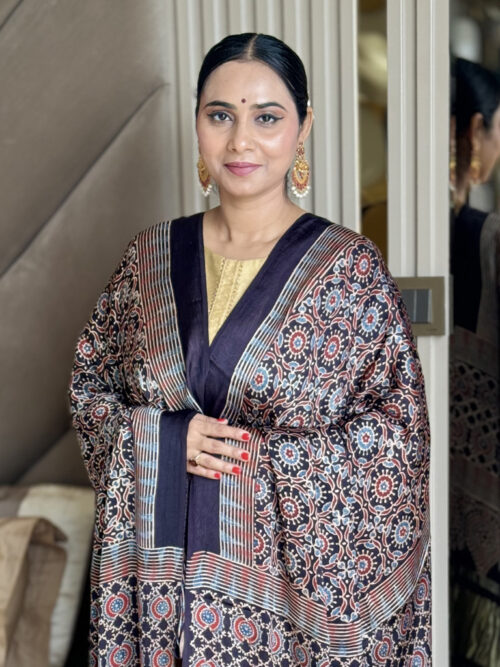 Ajrakh Modal Silk Circle Print Dupatta - Indigo