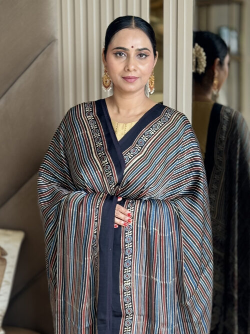 Ajrakh Modal Silk Stripe Print Dupatta - Indigo