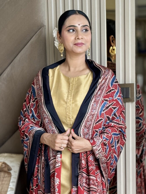 Ajrakh Modal Leaf Print Dupatta - Red