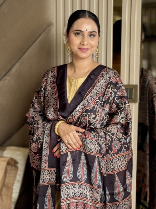 Ajrakh Modal Golden Border Bel Print Dupatta - Black