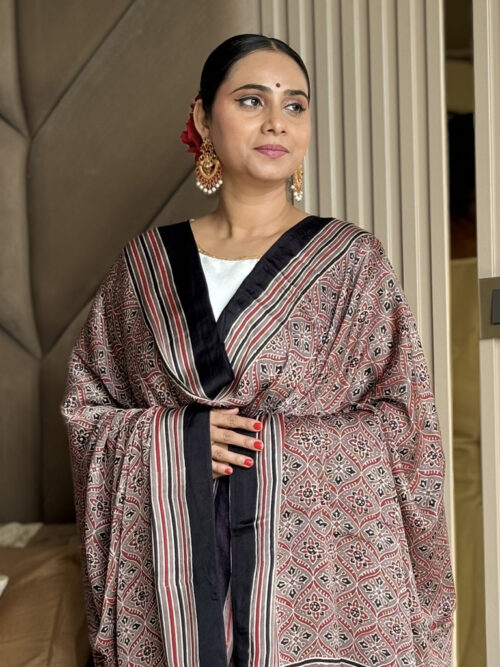 Ajrakh Modal Jaal Print Dupatta - Coral Pink