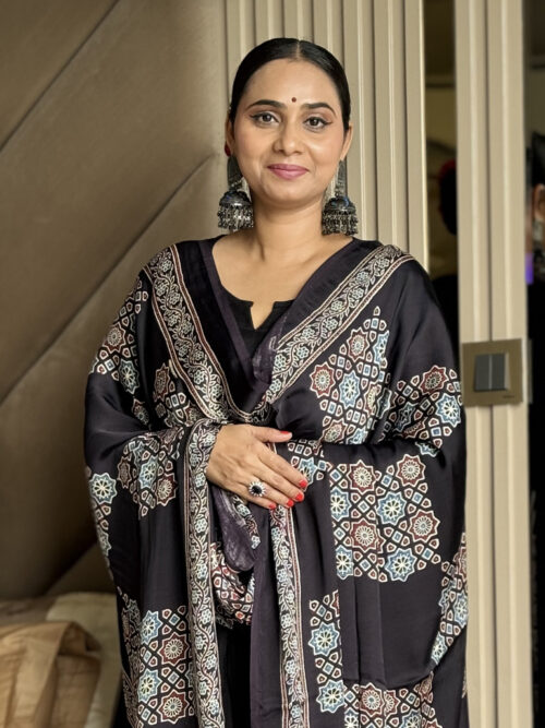 Ajrakh Modal Checker Print Dupatta - Black & White