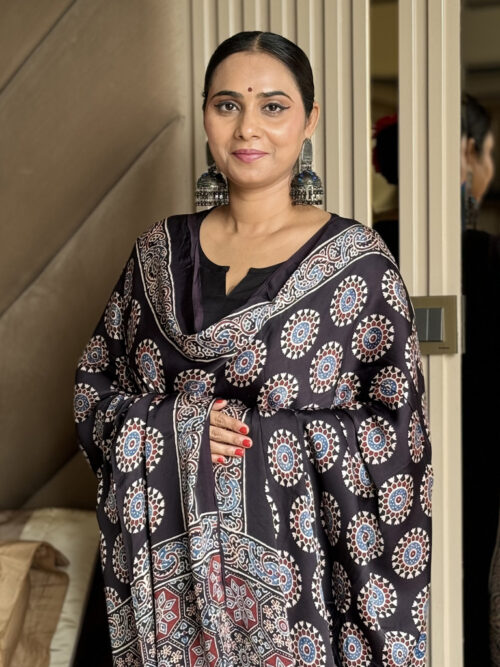 Ajrakh Modal Circle Butta Print Dupatta - Black