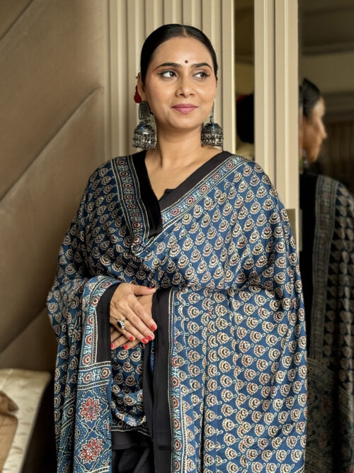 Ajrakh Modal Lily of the Valley Print Dupatta - Black