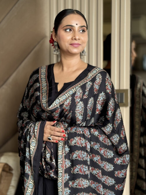 Ajrakh Modal  “Vanaspati” Print Dupatta - Black
