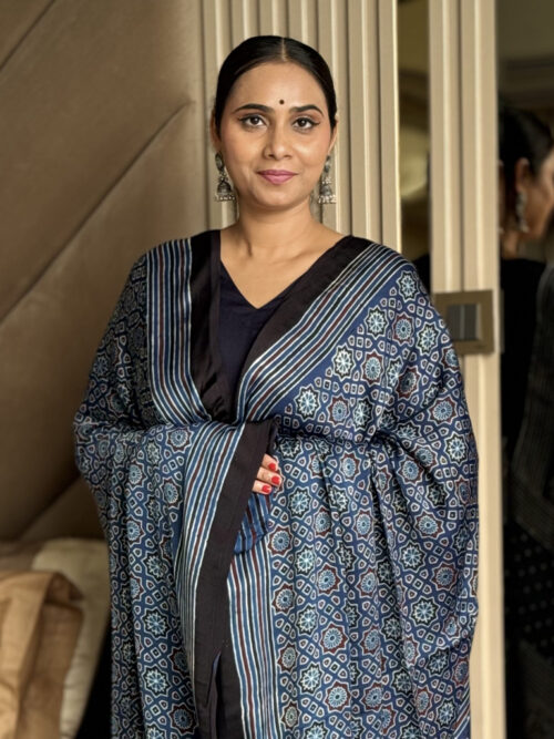 Ajrakh Modal Geometric Print Dupatta - Ivory Teal Blue