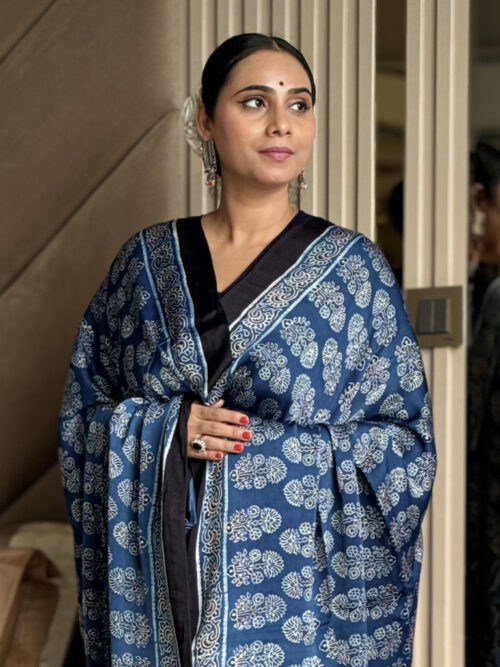 Ajrakh Modal Geometric Print Dupatta - Deep Sea Blue