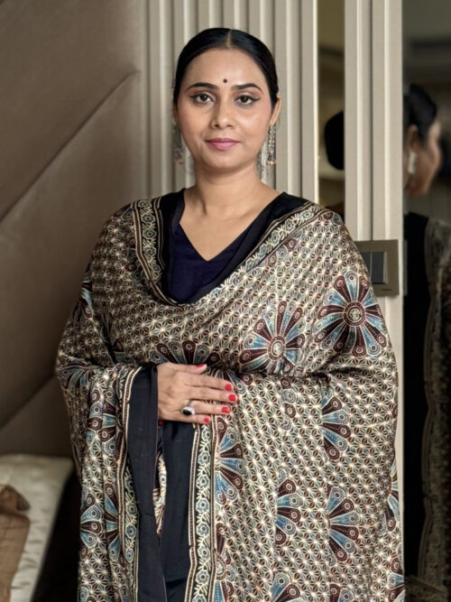 Ajrakh Modal Big Flower Print Dupatta - Almond White