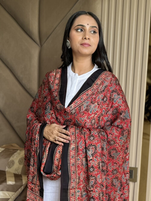 Ajrakh Modal Floral Print Dupatta - Deep Red