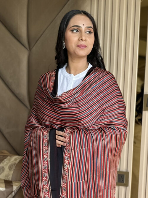 Ajrakh Modal Stripes Print Dupatta - Red