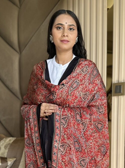 Ajrakh Modal Paisley Print Dupatta - Rust Red
