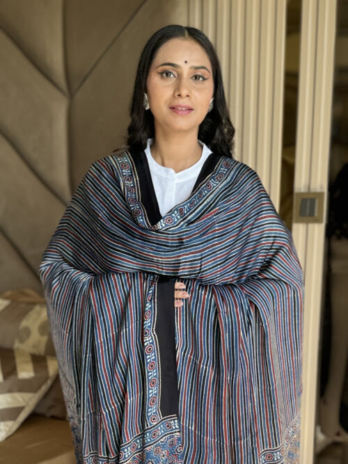 Ajrakh Modal Stripes Print Dupatta - Teal Blue