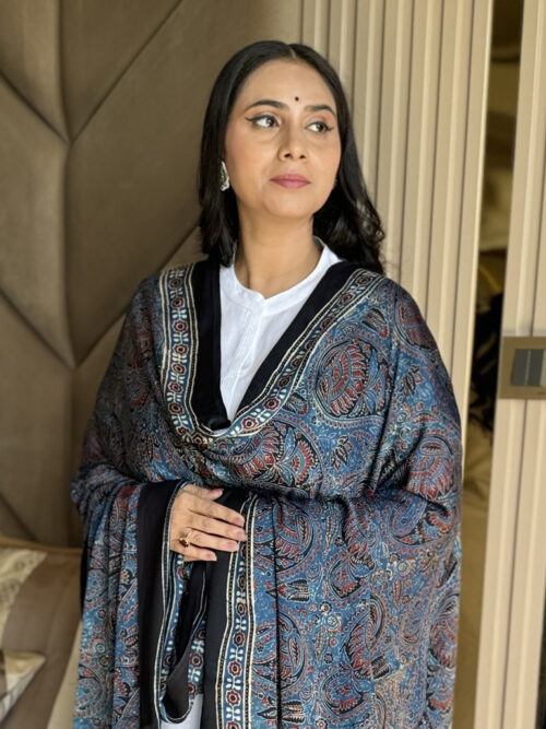 Ajrakh Modal Paisley Print Dupatta - Teal Blue