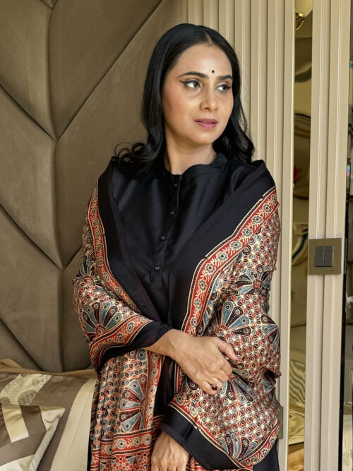 Ajrakh Modal Big Flower Print Dupatta - Champagne and Red