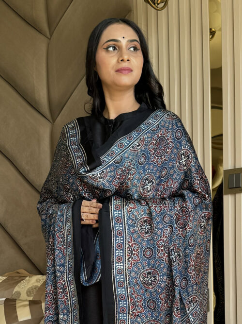 Ajrakh Modal Big Circle Print Dupatta - Dark Queen Blue