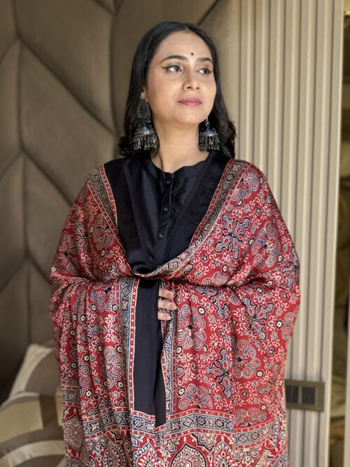 Ajrakh Modal Big Freestyle Print Ladgdi Patta Dupatta - Rust Red
