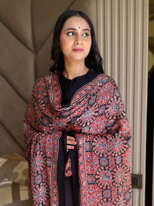 Ajrakh Modal Big Circle Print Dupatta - Black