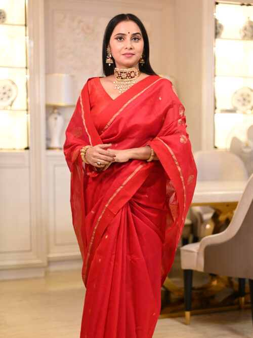 Chanderi Silk Plain Zari Pallu Saree - Red