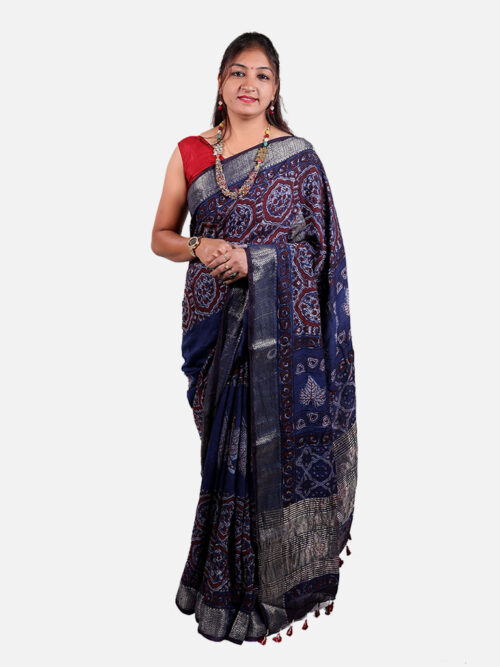 Tarapur Nandana Circle Block Print Saree - Indigo Dye Blue