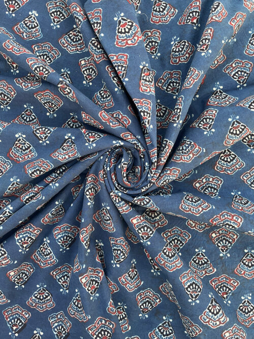 Ajrakh Hand Block Print Butta Design Cotton Fabric - Blue