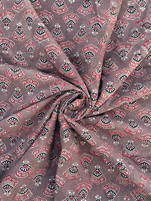 Ajrakh Hand Block Print Butta Design Cotton Fabric - Chiku
