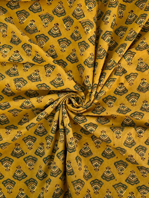 Ajrakh Hand Block Print Butta Design Cotton Fabric - Yellow