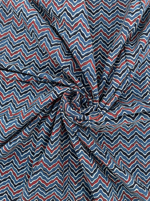 Ajrakh Hand Block Zig Zag Design Cotton Fabric - Blue