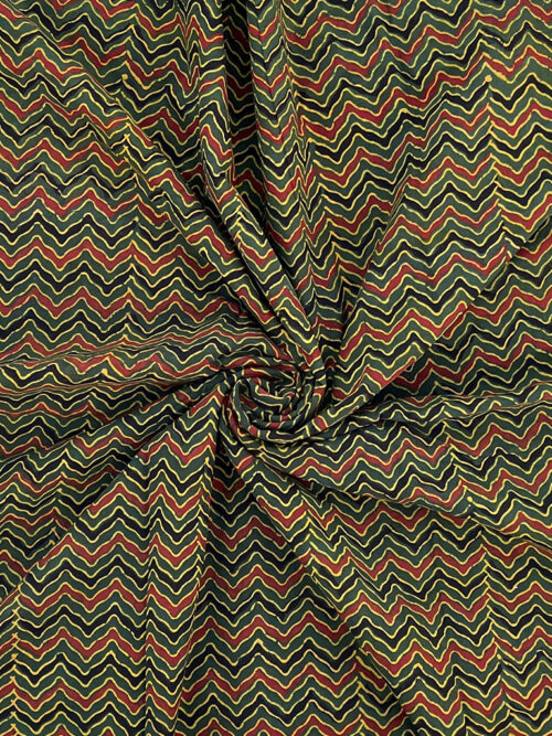 Ajrakh Hand Block Zig Zag Design Cotton Fabric - Green