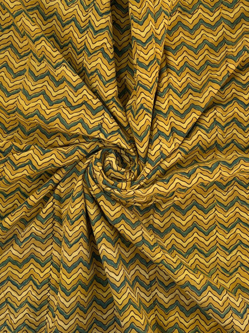 Ajrakh Hand Block Zig Zag Design Cotton Fabric - Yellow
