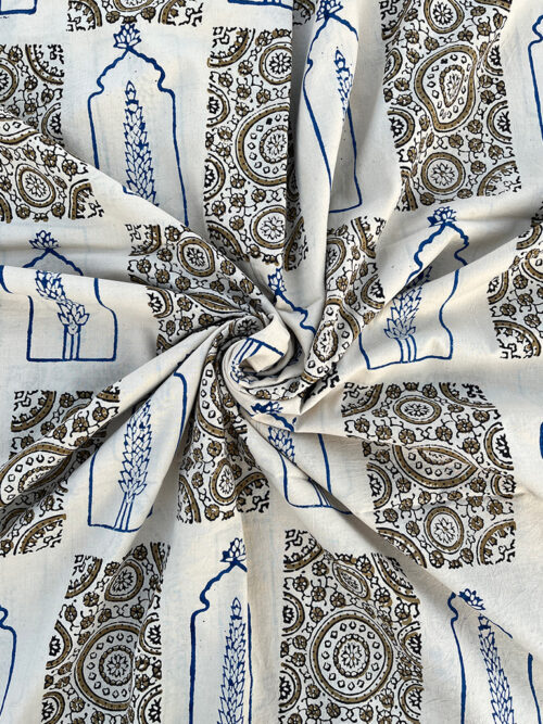 Ajrakh Hand Block Traditional Butta Design Cotton Fabric - Cream White