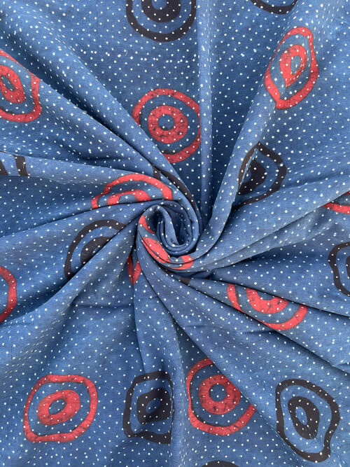 Ajrakh Hand Block Round Butta Design Cotton Fabric - Blue