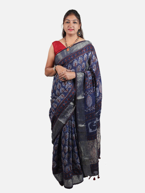 Tarapur Nandana Tree Block Print Saree - Blue