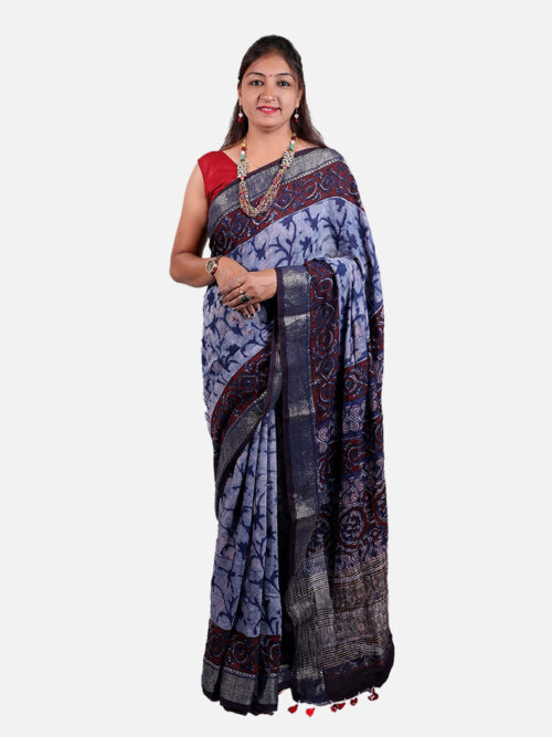 Tarapur Nandana Jaal Block Print Saree - White