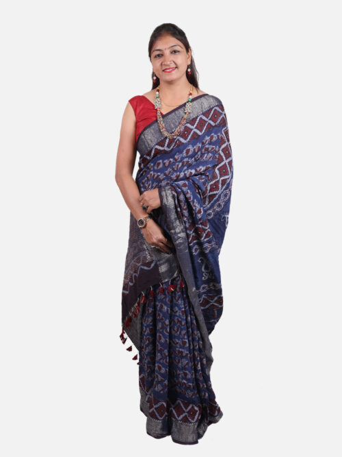 Tarapur Nandana Flower Block Print Saree - Indigo Dye Blue
