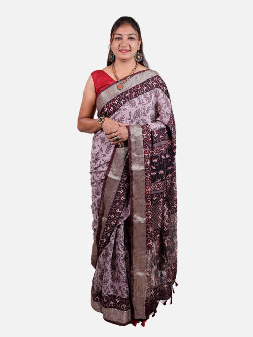 Tarapur Nandana Batik Block Print Saree - Warm Taupe