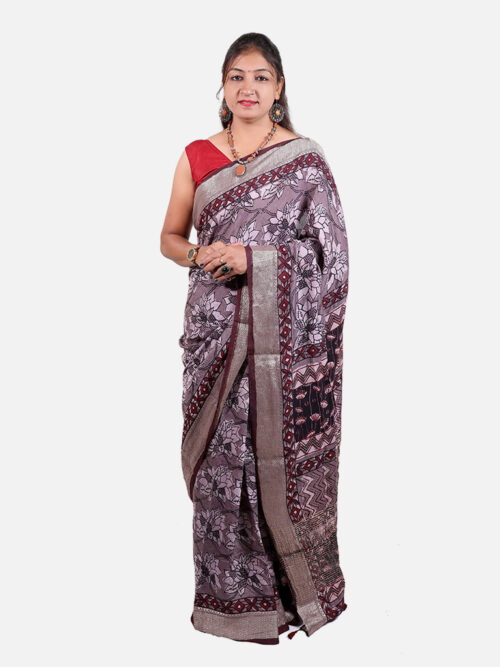 Tarapur Nandana Lotus Print Saree - Rose Wood