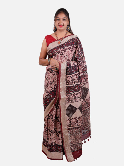 Tarapur Nandana Floral Print Saree - Pastel Peach