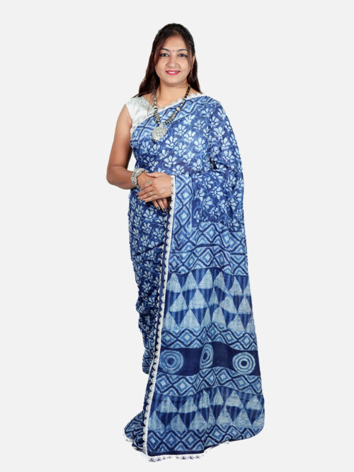 Tarapur Nandana Flower Print Small Border Saree - Indigo