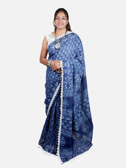 Tarapur Nandana Small Flower Print Small Border Saree - Indigo