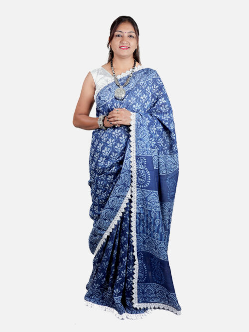 Tarapur Nandana Jasmine Small Border Saree - Indigo