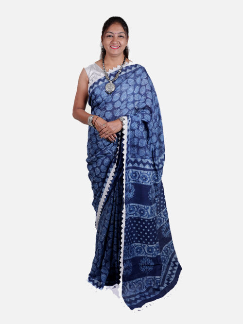 Tarapur Nandana Strawberry Print Small Border Saree - Indigo