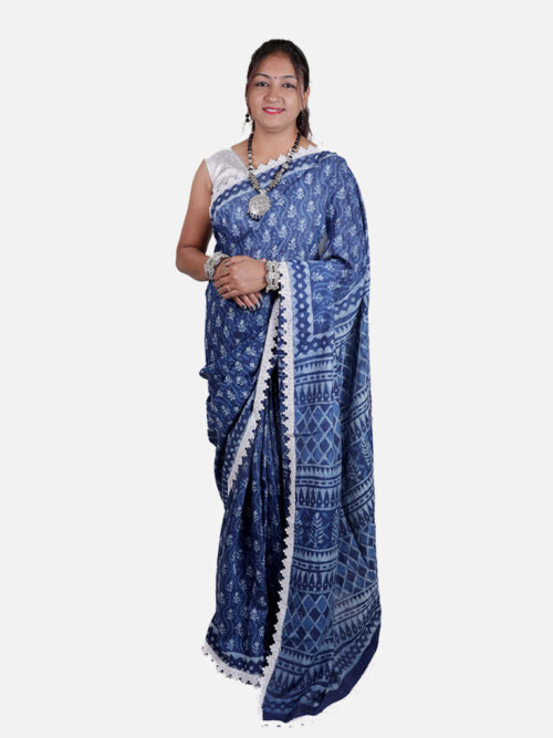 Tarapur Nandana Tiny Buta Small Border Saree - Indigo