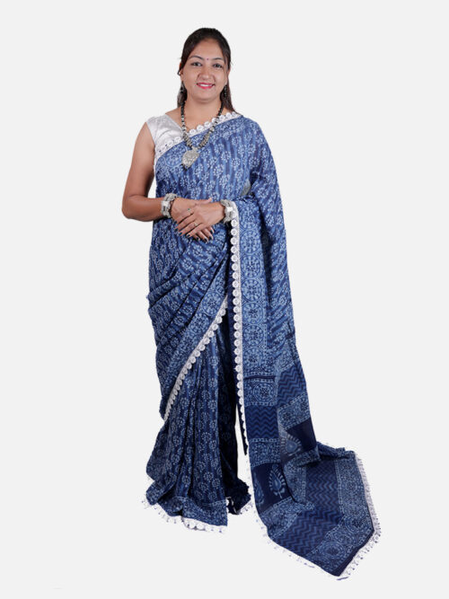 Tarapur Nandana Mango Tree Small Border Saree - Indigo