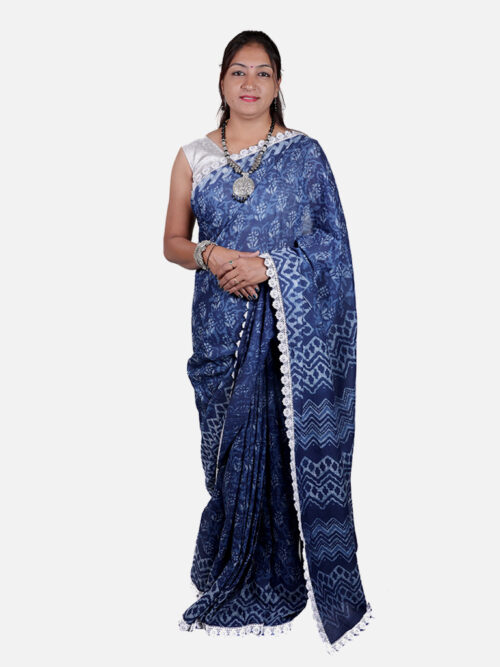 Tarapur Nandana Small Flower Small Border Saree - Indigo
