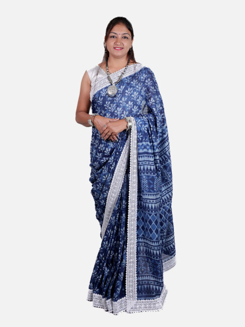 Tarapur Nandana Jasmine Print Wide Border Saree - Indigo