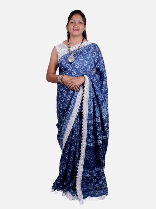 Tarapur Nandana Abstract Flower Print Wide Border Saree - Indigo