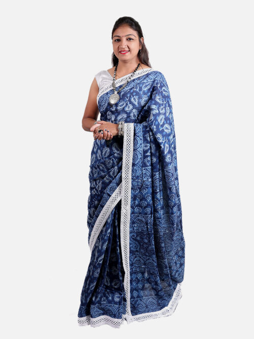 Tarapur Nandana Abstract Leaf Print Wide Border Saree - Indigo