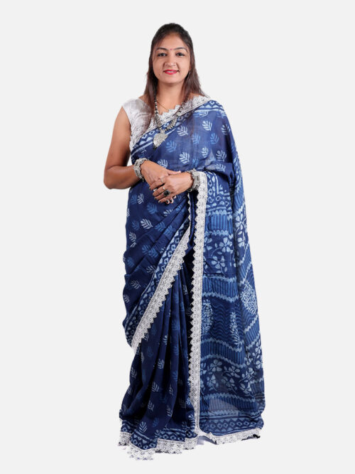 Tarapur Nandana Palm Leaf Print Wide Border Saree - Indigo